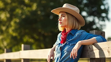 A beautiful cowgirl in a cowboy hat and denim shirt. Young woman leaning on a wooden fence in a rural country setting. Western fashion and lifestyle concept - Powered by Adobe