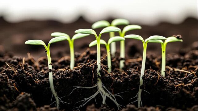 Time-lapse of seedlings sprouting from the soil. Macro view of young green plants growing with visible roots. New life, germination, and growth concept