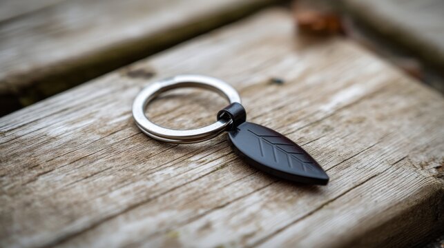 Closeup of a sleek black metal leafshaped keychain resting on weathered wooden surface with warm natural lighting and subtle textures