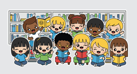 Diverse group of children reading books together in a library, fostering a love of learning and literacy in a colorful and joyful atmosphere.