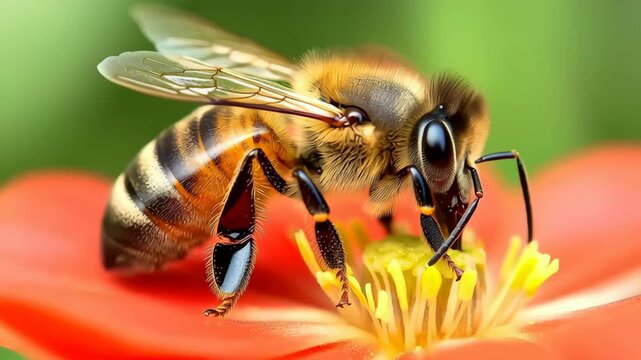 Close up bee pollination macro, honey bee on red flower with yellow pollen, soft bokeh background, vibrant nature detail, spring garden scene