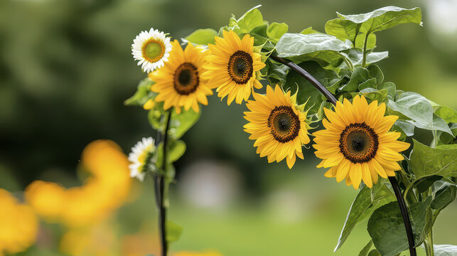 Sunflowers in vibrant yellow bloom gracefully along green arch, creating cheerful and inviting atmosphere in garden