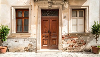 Charming Old Building Facade with Wooden Door and Windows.
