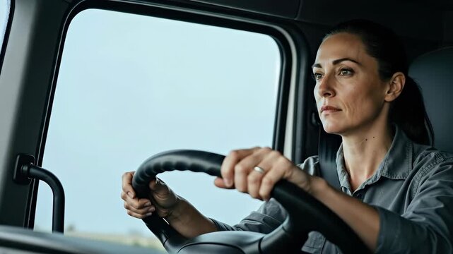 Professional woman driving a truck. Female driver focused on the road ahead. Transportation and logistics industry concept. Cinemagraph with copy space