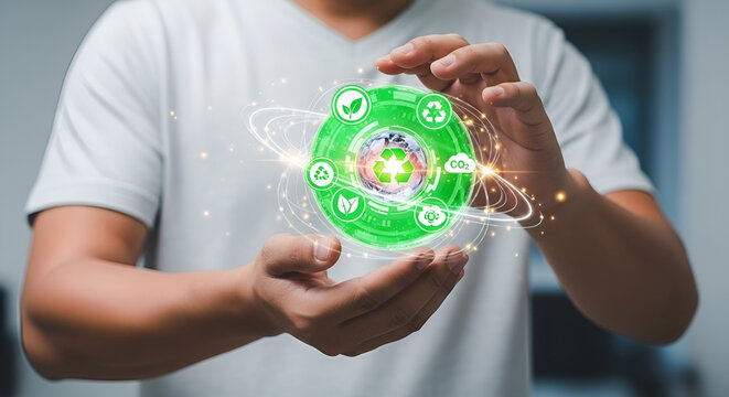 Person holding futuristic holographic globe with digital icons and technology interface