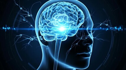 Stylized animation of a human brain with firing neurons. A glowing mind processes data inside a futuristic head scan. Artificial intelligence and neuroscience concept - Powered by Adobe
