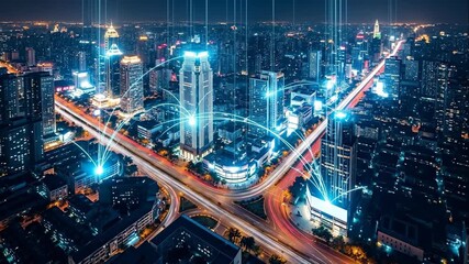 Aerial view of a futuristic smart city with a glowing data network. Animated lines representing global connectivity and information flow over a cityscape at night. Technology communication concept - Powered by Adobe