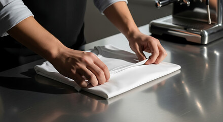 Hands Folding Crisp White T-Shirt into Perfect Square on Stainless Steel Counter — Minimalist Lifestyle