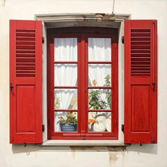 Obraz premium Charming Red Window with Shutters and Floral Accents.