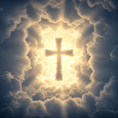 celtic cross on the middle of clouds with glow effect