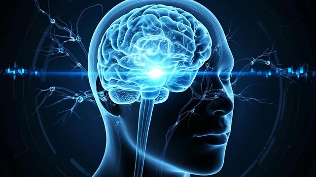 Stylized animation of a human brain with firing neurons. A glowing mind processes data inside a futuristic head scan. Artificial intelligence and neuroscience concept - Powered by Adobe