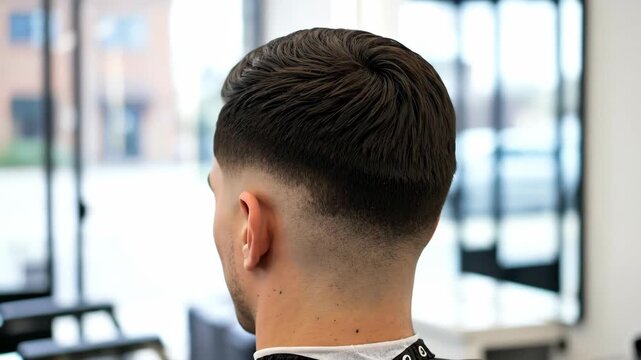 A man with a modern fade haircut. Close-up rear view of a fresh hairstyle in a barbershop. Men's grooming and style concept