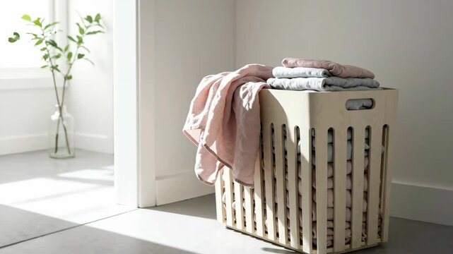 Modern wooden laundry hamper with clean towels in a minimalist home interior. Household organization and domestic chores concept