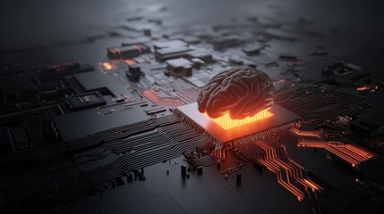 Futuristic digital rendering of a luminous brain formed by intricate circuits on a hightech circuit board, symbolizing advanced artificial intelligence and innovation with a sleek, dark background an