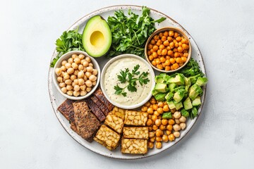 Wholesome Plant-Based Protein Platter with Tempeh, Chickpeas, and Avocado for Healthy Cooking Inspiration