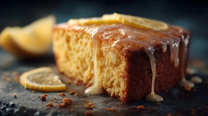 A delicious slice of lemon drizzle cake with creamy glaze cascading down its sides garnished with fresh lemon slices