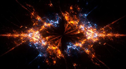 Abstract, symmetrical fractal art with fiery orange and cool blue explosions