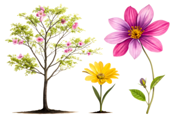 Flowering tree with pink blossoms and separate blooming flowers