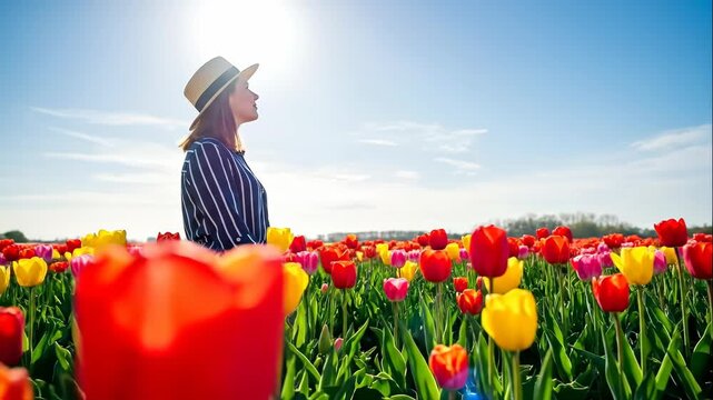 A woman in a hat stands in a colorful field of tulips on a sunny spring day. Travel and lifestyle concept. Slow motion footage with copy space in the sky