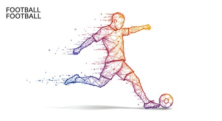 Abstract illustration of a footballer kicking a ball, rendered in a polygonal style