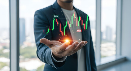 Businessman holding holographic stock chart with cityscape background and financial data