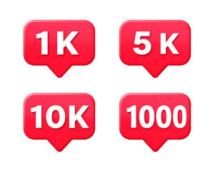 Social media notification icons for follower count milestones isolated on transparent background new png