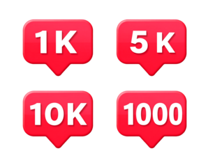 Social media notification icons for follower count milestones isolated on transparent background new png