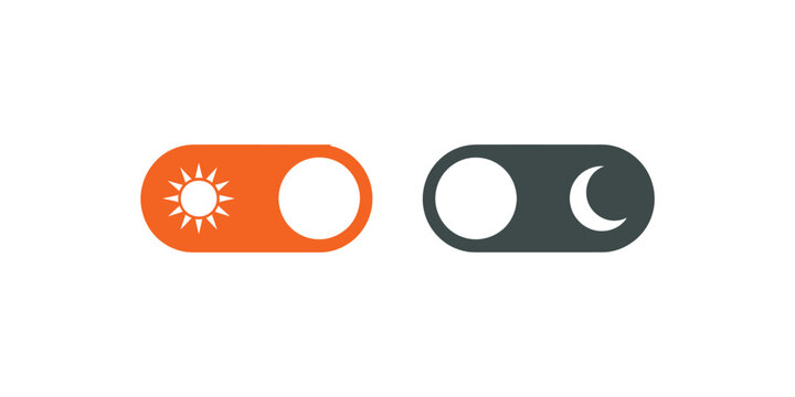Vector art of a light and dark mode toggle switch, the light mode switch is orange with a sun icon, and the dark mode switch is gray with a moon icon on transparent background