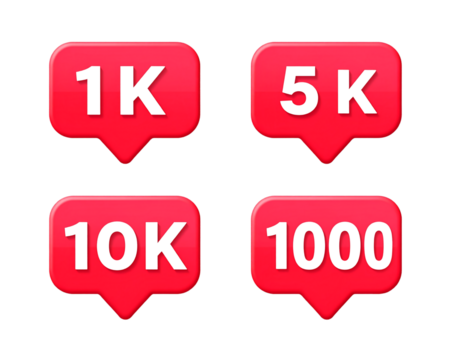 Social media notification icons for follower count milestones isolated on transparent background new png