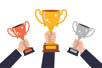 Illustration of three hands holding gold, bronze, and silver trophies, representing success, achievement, and competitive spirit on transparent background