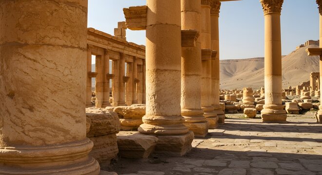 Ancient colonnade in arid landscape, sunlight casting shadows on weathered stone pillars