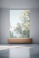 Fototapeta premium Modern interior featuring large window with a view of trees and natural light in a tranquil setting