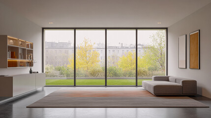 Obraz premium Minimalist living room showcases expansive windows overlooking autumn foliage in a modern urban setting