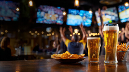 Sports bar scene with basketball game on TV screens, fans cheering with beer and snacks, glossy advertising style, text overlay " Game Night "