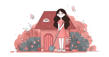 a girl holding flowers and tending to her garden, with an illustration of the house in vector style, cute cartoon design.png 