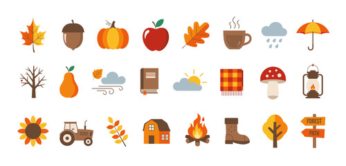 Autumn flat vector icon set. Fall season elements with pumpkin, maple leaf, acorn, mushroom, apple, coffee cup, and more illustrations.