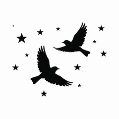 Fototapeta premium Two Silhouetted Birds in Flight Amidst a Starry Sky — Minimalist Nighttime Scene Evoking Freedom, Wonder, and Celestial Beauty for Art and Design