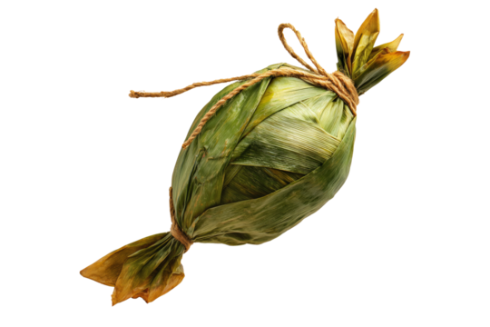 Venezuelan tamales wrapped in corn husk, tied with rustic rope, isolated on white transparent background, representing traditional South American cuisine
