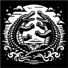 Two alligators facing each other with claws raised against a backdrop of water and sky illustration