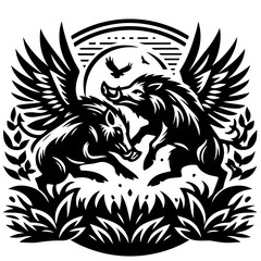 Illustration of two winged boars facing each other with a bird and foliage in black and white design