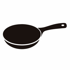 Black and white simplistic illustration of a frying pan with long handle