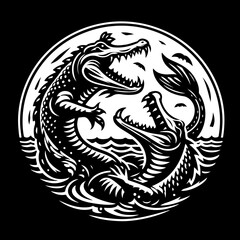 Two alligators in a circular design with open mouths and sharp teeth in black and white illustration