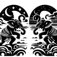 Two elephants facing each other under a night sky with stars and moon in black and white illustration