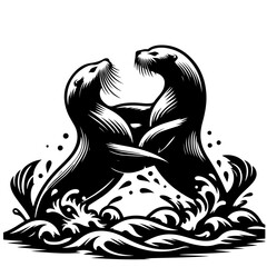 Two stylized otters facing each other in black and white with water splashes illustration style art