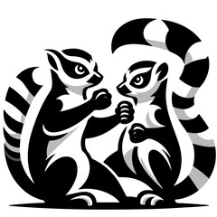 Two stylized lemurs facing each other with raised paws in a black and white illustration style
