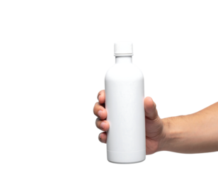 Hand holding a white plastic bottle isolated on transparent background new png