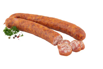Fresh Salami Sausage with Parsley and Dried Chili Seeds cut out isolated transparent background