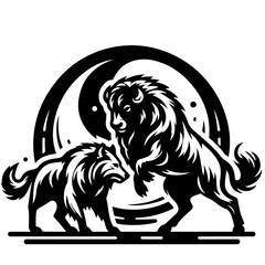 Illustration of a wolf and a buffalo in a stylized black and white design with a circular background element