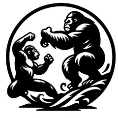 Two gorillas facing off in a circular emblem with stylized water elements in a black and white design