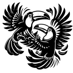Two toucans in flight with detailed feather patterns and stylized design in black and white illustration